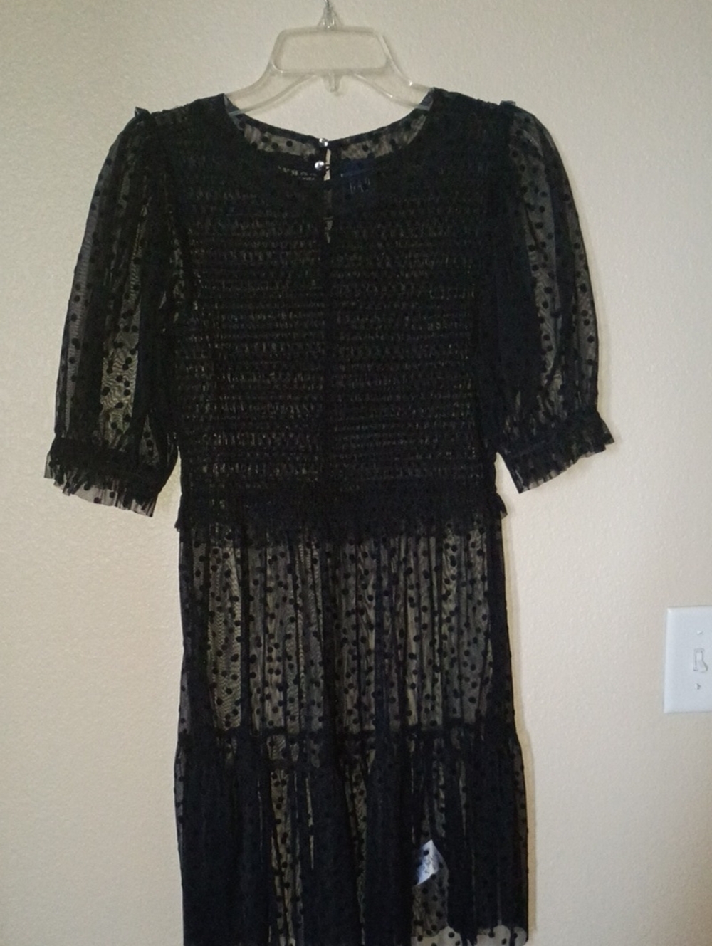 GAP Black Sheer Swiss Dot Midi Dress with Puff Sleeves